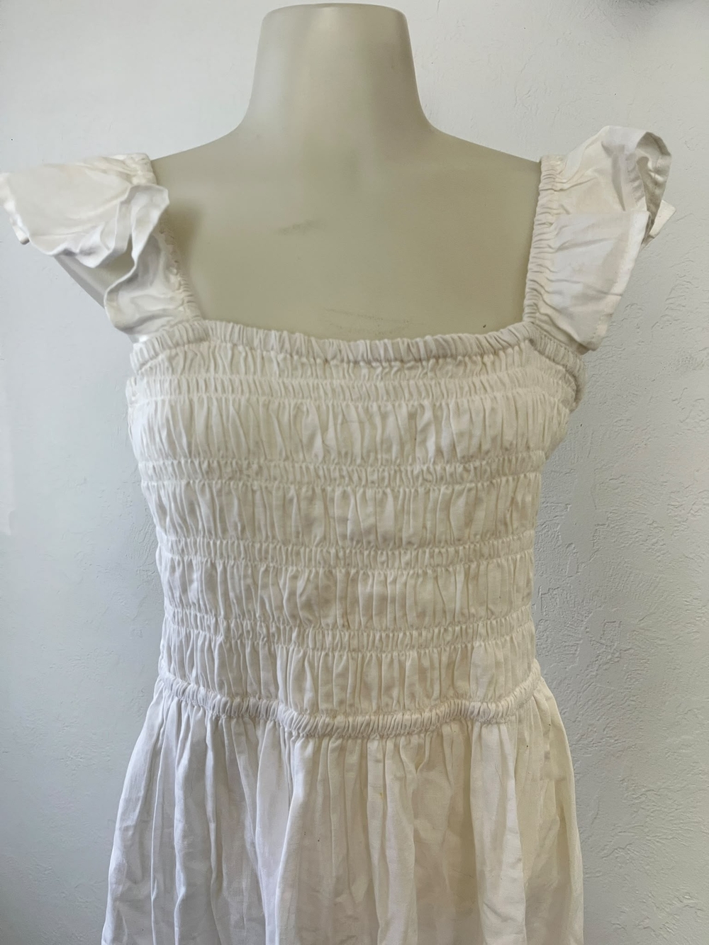 Smocked White Maxi Dress with Ruffle Shoulder Straps - Picture 2 of 7